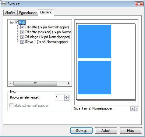 Skriva ut dokumentet Fönstret Skriv ut, fliken Element Följande konfigurationsalternativ finns på fliken Element: Kryssrutan Kopior av elementet Kryssrutan Skriv på normalt papper Här kan du välja