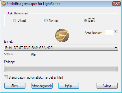 Skriva ut LightScribe-etikett Fönstret Utskriftsegenskaper för LightScribe Följande alternativ finns tillgängliga: Området Utskriftskontrast Inmatningsfältet Antal kopior Här kan du ändra