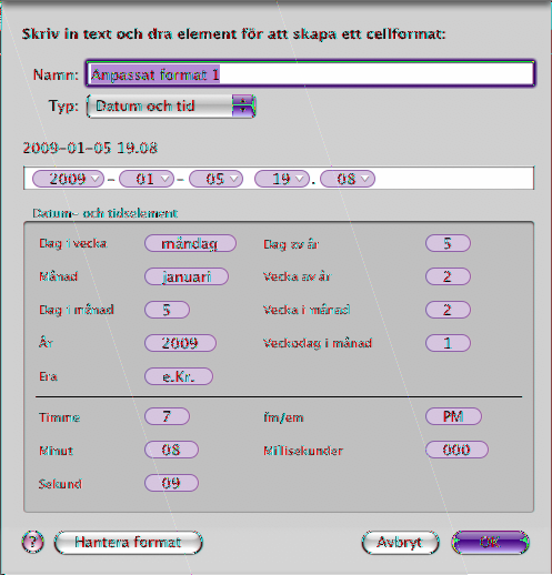 6 Definiera formatet för datum/tid genom att dra de (blå) elementen från elementrutan för datum och tid till formatfältet ovanför rutan.