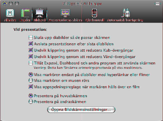 Så här visar du en presentation med dubbla bildskärmar: 1 Anslut den andra bildskärmen eller projektorn på det sätt som beskrivs i anvisningarna som följde med bildskärmen eller projektorn och de