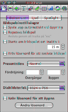 Granskningsfönstret Du kan formatera de flesta element i ett bildspel genom att använda Keynote-granskarna. Varje granskare fokuserar på en viss formateringsaspekt. Dokumentgranskaren innehåller t.ex.