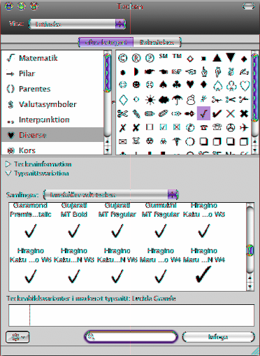 Skriva specialtecken och symboler Med hjälp av fönstret Tecken i Mac OS X kan du infoga specialtecken, t.ex. matematiska symboler, bokstäver med accenter och pilar, i dokument.