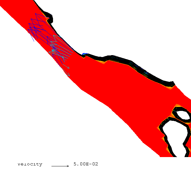 Figur 15.Kartbild där beräknad ström vid Krogsmåla (Y=23) på 0.05 m (mörkblåa pilar) och 0.95 m (ljusblåa pilar) har lagts in. Hastighetsskala i m/s.