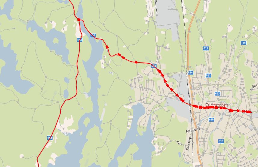 Dessutom är sådana transporter förbjudna på de större vägarna runt vattentäkten Halen och vidare upp mot Lönsboda. Dessa vägar är markerade i rött i nedanstående kartbild.