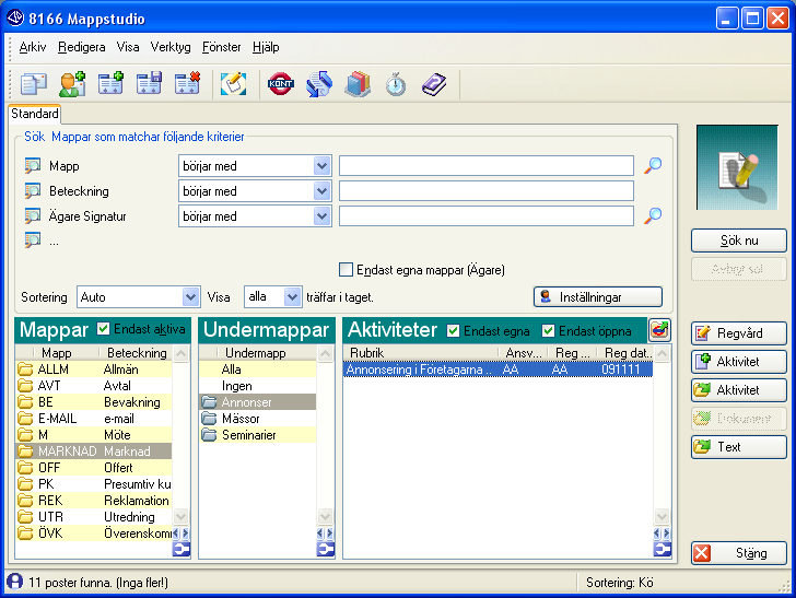 CRM-handbok för Pyramid Business Studio 8.6. Rutin 8166 Mappstudion Som vi beskrivit tidigare i denna handbok används mappar för att strukturera aktiviteter.