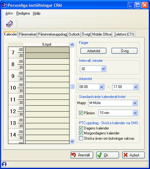 CRM-handbok - Begrepp, inställningar och egenskaper 1.3.2. Rutin 613 Kalender, Arkiv/Egenskaper Här gör du inställningar per arbetsplats gällande CRMs Kalender, för bokningar och påminnelser.