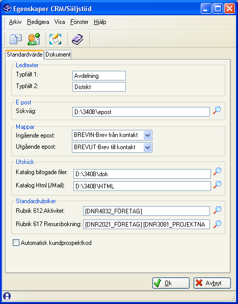 CRM-handbok - Begrepp, inställningar och egenskaper 1.3.3. Rutin 683 Egenskaper CRM/Säljstöd I rutin 683 Egenskaper CRM/Säljstöd anges de standardvärden som ska gälla för Pyramid CRM. Obs!