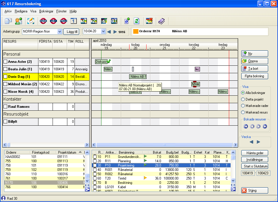 CRM-handbok - Aktiviteter 2.5.5. Resursbokning Resursbokning i rutin 617 ger dig möjlighet att snabbt och enkelt boka alla resurser för respektive projekt samtidigt.