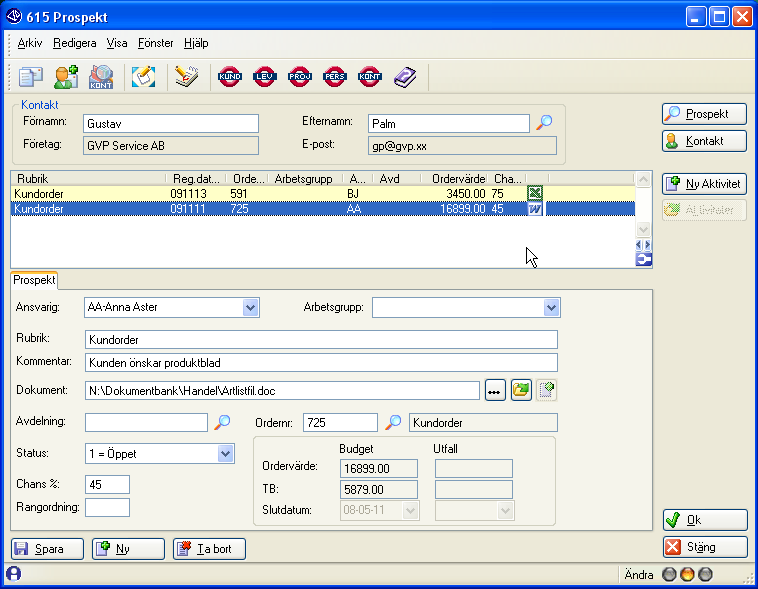 CRM-handbok - Centraler I rutin 615 Prospekt kan du se alla prospekten för Gustav Palm. Om dokument kopplats till prospektet visas ikoner för Word och Excel på raderna.