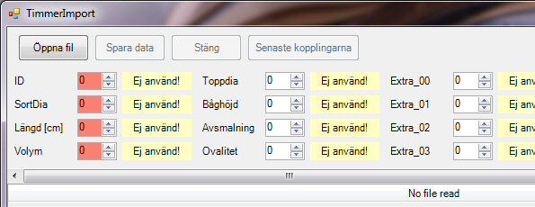 Figur 4. Timmerimport första gången Figur 4 visar importfönstret som det ser ut första gången innan några timmerdata importerats för den valda sågverk/träslagskombinationen.