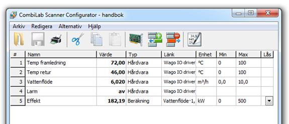 8. Effektintervallet sätts till 0-500 kw. Fyll därför i Namn, Enhet, Min och Max enligt figur 5.32. Figur 5.32. Färdig konfigurering i CombiLab Scanner. 9. Klicka på knappen Spara (figur 5.