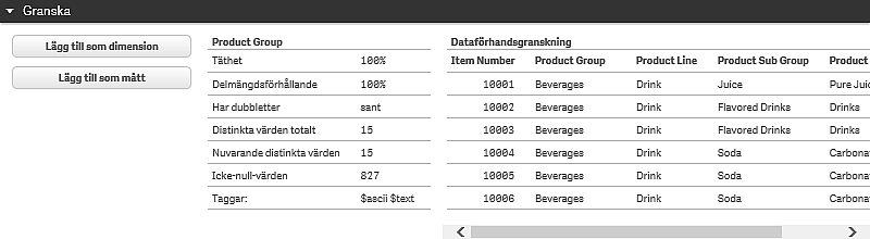 4 Visa datamodellen Förhandsgranska ett fält Klicka på ett tabellfält i datamodellvyn. Förhandsgranskningspanelen visas med det valda fältet och dess värden, samt metadata för fältet.