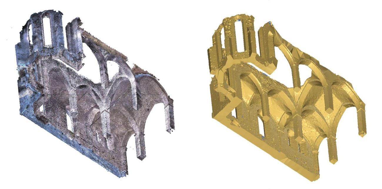 Figur 7.32. Figuren illustrerar hur en sektion av ruinen S:t Nicolai ritas exakt efter en sektion i punktmolnet som kan hanteras i AutoCad med hjälp av Pointools plugin. 7.4.