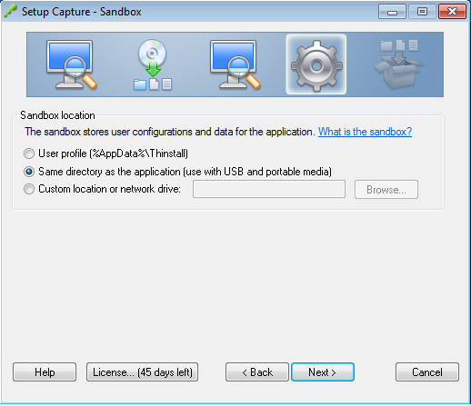 Efter användarrättigheterna väljer man själva virtualiserade programmets rättigheter. Merged isolation mode ger rättigheter till programmet att läsa och skriva direkt på den lokala datorns hårdskiva.