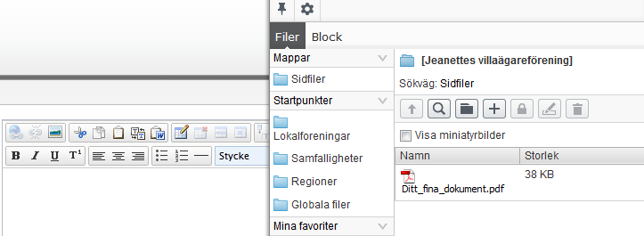 3. Leta fram dokumentet du vill använda. Markera och dra in dokumentet från filhanteraren in på din sida. Tips! Om du vill förhandsgranska ett dokument kan du dubbelklicka på bilden i filhanteraren.