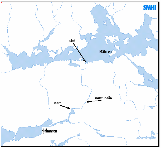 Figur 5.5. Modellerad sträcka i Eskistunaån, hydraulisk modell. 5.4 Fallstudie Eskilstunaån 5.4.1 Data och underlag Eskilstunaån är ett reglerat vattendrag som börjar vid Hjälmarens utlopp och flyter ut i Mälaren efter 37 km.