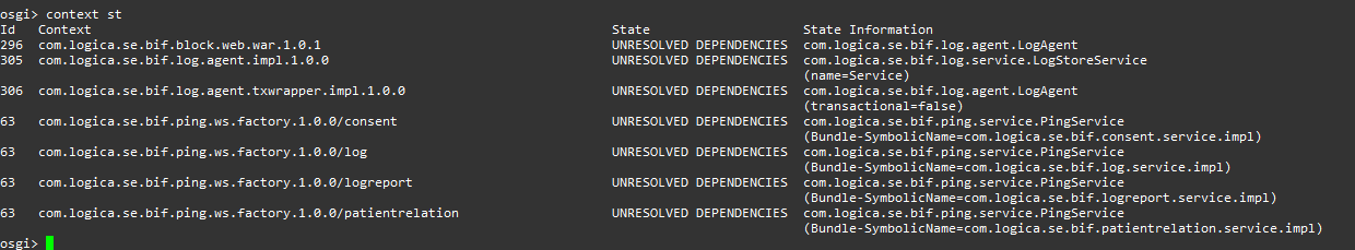 Utskriftsexempel: id Bundle State Unsatisfied dependencies Förklaring: Listas inte någon bundel här är samtliga bundlar startade, i annat fall upprepa kommandot i intervaller tills kommandot inte