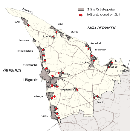 Till höger en kartbild som visar tätortsområden inom Höganäs kommun med möjligheter till utbyggnad enligt Översiktsplan 2002.