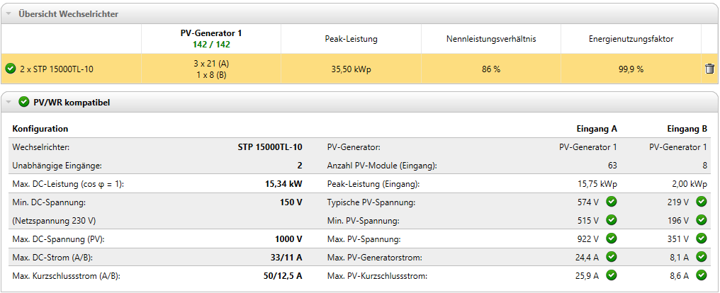 När man valt ett alternativ så kan man kolla på specifikationerna för de olika växelriktarna och här kan man som tidigare nämnt se uppdelningen på strängar och antal solpaneler i varje sträng.