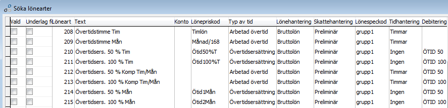 Nu måste 2 nya lönearter skapas för övertidsersättningen för månadsavlönade samt koppla de nya lönepriskoderna. Lönearterna för övertid kan heta något annat i din Entréinstallation.