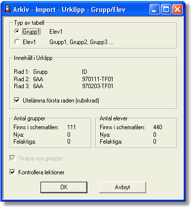 Kontrollera lektioner: Detta innebär att programmet går igenom de nya förutsättningar som uppstått när elever lagts till. Eventuella fel rapporteras. Klicka på OK. Nu infogas eleverna från Urklipp.
