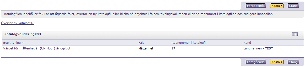 Uppladdning & publicering av katalog 12 Felrapporten talar om vad som är fel och var i filen felet finns, i det här fallet en ogiltig måttenhet.