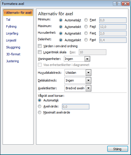 välja Formatera axel (Format Axis) eller markera axeln, välja Layout, Axlar (Axis), Fler alternativ för sekundär lodrät axel