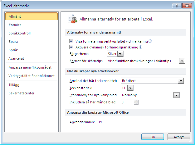 Inställningar De flesta inställningar du kan göra i Excel finns samlade i Arkiv, Alternativ (File, Options). Inställningarna är samlade på blad uppdelade i olika kategorier.