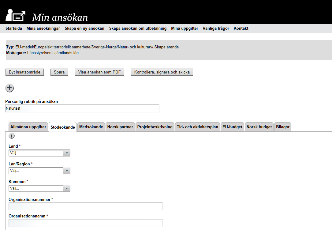 Min ansökan Stödsökande - Fliken Stödsökande består av uppgifter om den samordnande stödmottagaren- projektägaren på svensk sida.