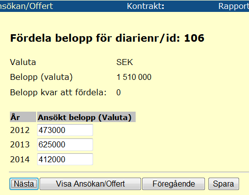 När du har klickat på Nästa i den tidigare bilden så kommer du till Fördelning av belopp över åren. I fältet Belopp (valuta) visas totalbeloppet för aktuell ansökan/offert.