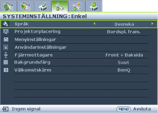 Använda menyerna Projektorn är utrustad med skärmmenyer för inställning och justering. Nedan visas en översikt av skärmmenyn.