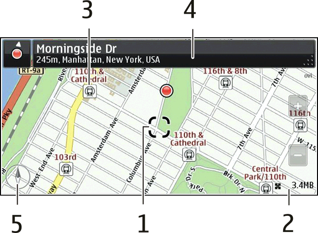 Min position 5 Kartvy 1 Vald plats 2 Indikatorområde 3 Plats av intresse (t.ex.