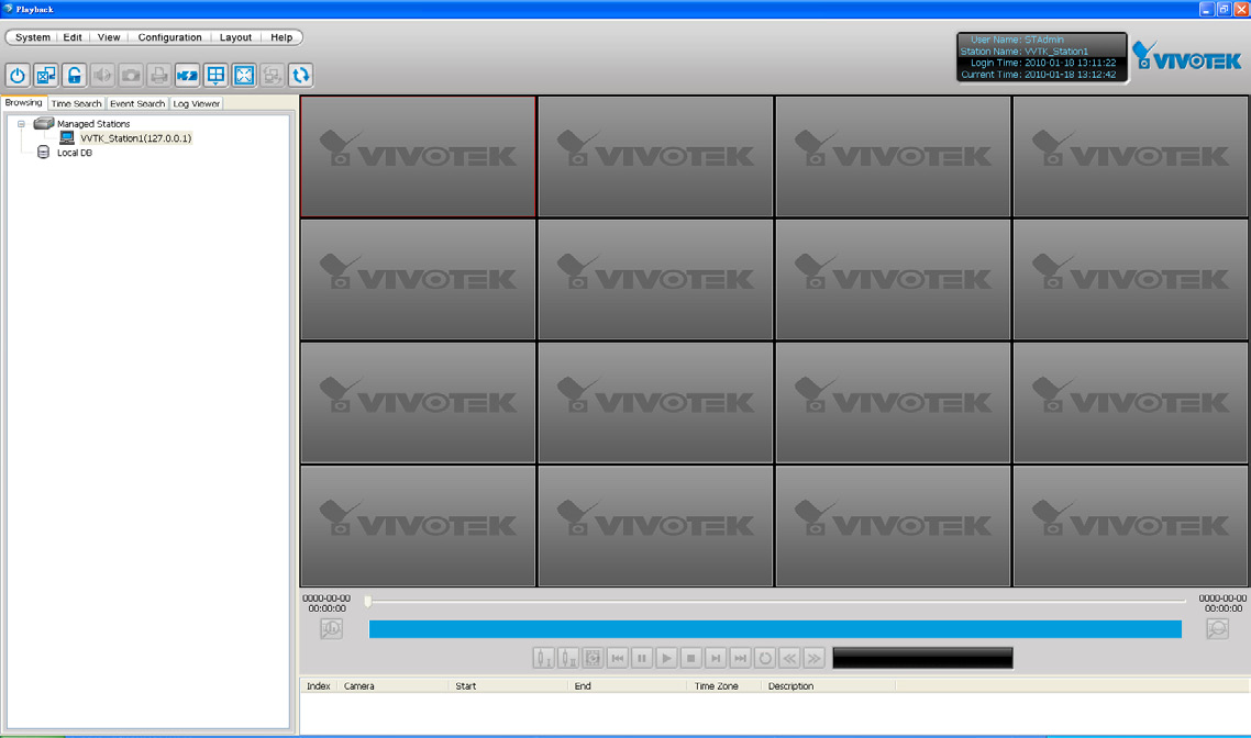 Konfiguration av VAST Playback Aktivera VAST Playback 1. Efter installationen, kör VAST Playback-programmet. 2. Ange VAT-serverns IP-adress, användarnamn, lösenord och kommunikationsport. 3.