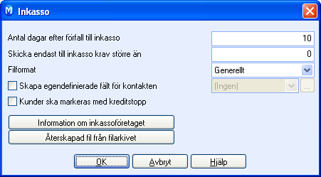 REDOVISNING Antal dagar efter förfall till inkasso: Här väljer du hur många dagar det ska gå från det att ett inkassokrav har förfallit innan du kan generera en inkassofil/inkassolista.