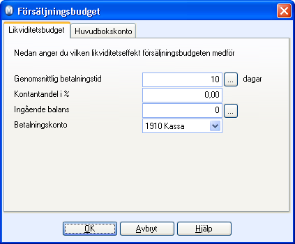 REDOVISNING Hur skapas en likviditetsbudget? En likviditetsbudget baseras på likviditetsbudgetinställningarna samt de inställningarna som berör likviditet på de övriga underbudgeterna.