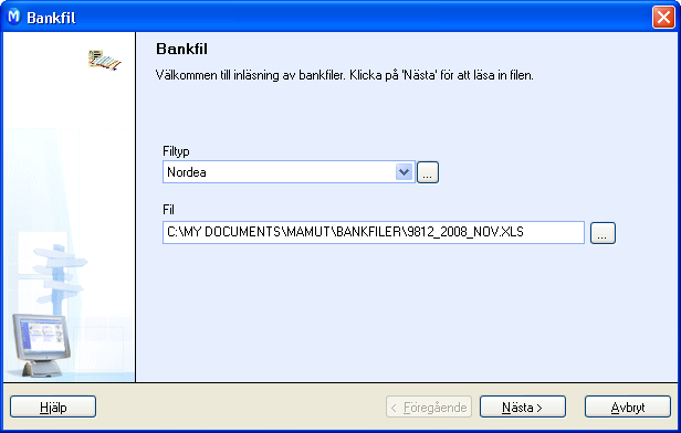 BANK Så här gör du för att läsa in bankfiler: 1. Välj Visa - Redovisning - Inläsning av egendefinierade bankfiler. 2. Välj Filtyp i rullgardinsmenyn för detta. 3.