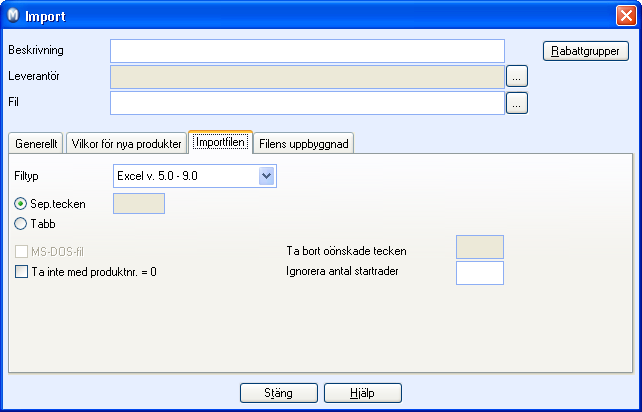 ORGANISERING OCH UNDERHÅLL AV PRODUKTER Importfilen Filtyp: Här kan du välja vilken filtyp du ska importera. Sep. tecken: Om fälten i filen är åtskilda med separationstecken anger du detta här.