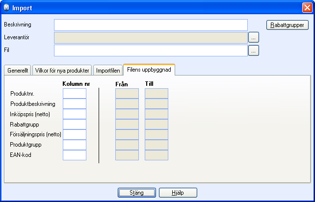 PRODUKT Filens uppbyggnad Här anger du kolumnernas placeringen i importfilen. Du kan ange kolumnerna Produktnr.