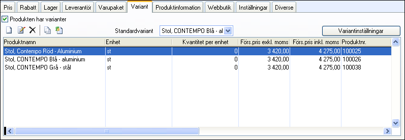 PRODUKT Automatisk uppbyggning av variantnamn I samband med att du skapar en variantlänk på en huvudprodukt, skapas en rad varianter som hanteras som underprodukter.