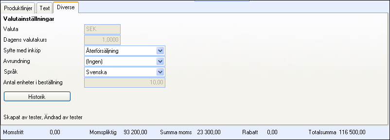 INKÖP Fliken Diverse På fliken Diverse i inköpsfönstret visas valutainställningar för inköpet och det görs språkinställningar och hur inköpet ska avrundas.
