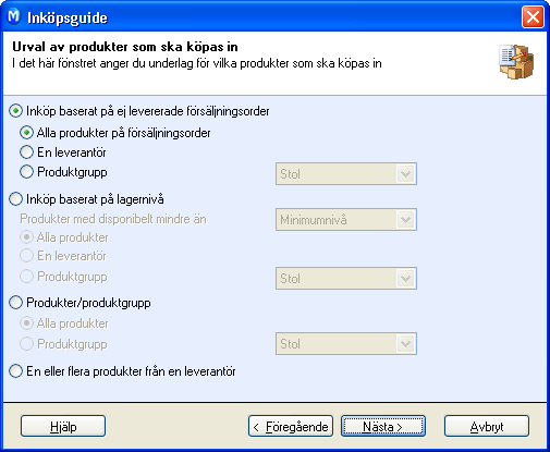 INKÖP Inköp baserat på ej levererad försäljningsorder Inköp baserat på ej levererad försäljningsorder är ett av fyra alternativ att ange underlag för vilka produkter som ska köpas in när Inköpsguiden
