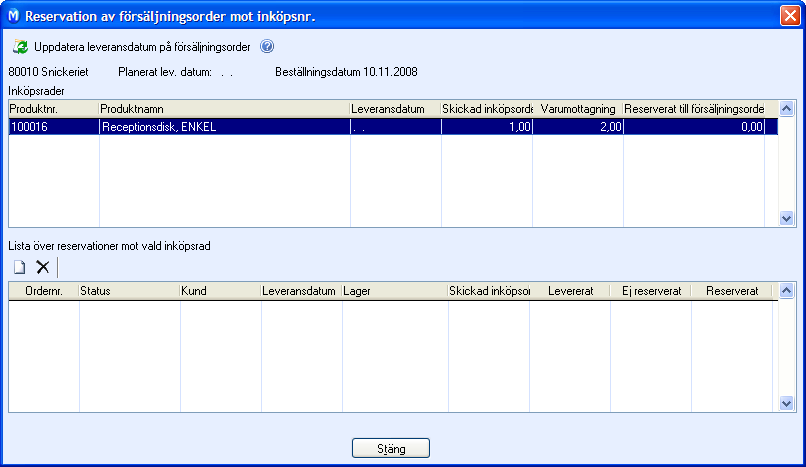 INKÖP Reservera inköp mot bestämd order Du kan reservera ett inköp så att det knyts till en viss säljorder. Du kan skapa en sådan reservation både från inköpsfönstret och från orderfönstret.