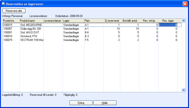 INKÖPSRESERVATIONER Reservera lagervaror Du kan reservera produkter i säljorder i förhållande till varor som ligger i lager eller varor som finns i inköp.