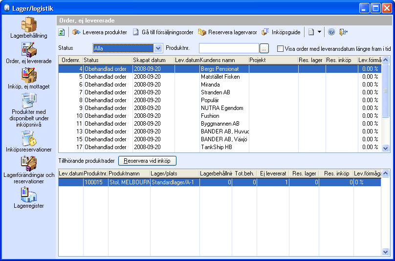 OM LAGERMODULEN Hantering av en order: 1. Ange urval för listan. Överst i fönstret hittar du filter för orderstatus och leveransdatum som begränsar vilka order som visas.