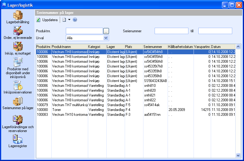OM LAGERMODULEN Serienummer på lager Denna lista visar produkter i lager som är kopplade till Serienummer och/eller Hållbarhetsdatum och/eller Varupartinummer.