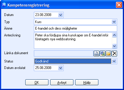 PERSONAL OCH TIDRAPPORTERING 5. Använd fältet Anteckning om du vill registrera orsaken till frånvaron. 6. Välj lämplig Frånvarostatus. 7. Klicka på OK. Frånvaron har nu registrerats.