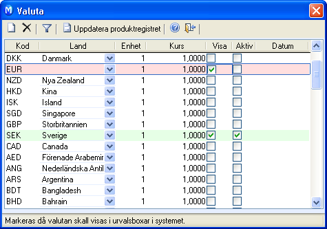 REDOVISNING VALUTA I valutaregistret finns de vanligast förekommande valutaenheter som standard. Du kan skapa fler valutaenheter vid behov.