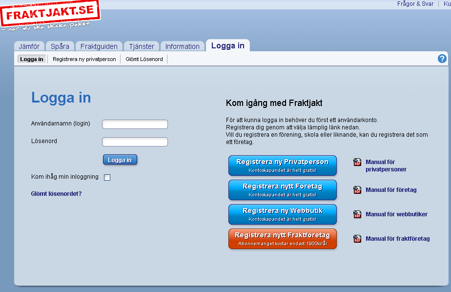 Registrera användarkonto till företag Klicka på Logga in Klicka