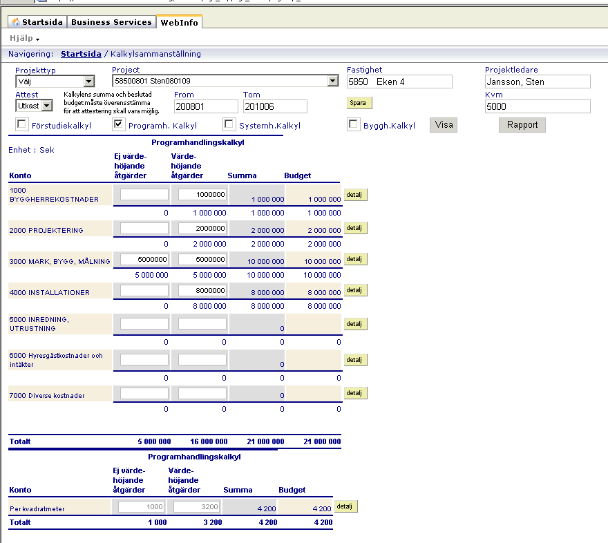 Manual Projektstyr Sidan 27 av 31 8. 3. 6. 4. 5. 7. 3. Bocka i den kalkylnivå kalkylsammanställningen avser. 4. Klicka på knappen Visa. 5. Nu visas kalkylsammanställningen.