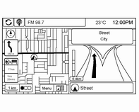 156 Navigation Körning längs en rutt Manöveravisering Systemet aviserar att du snart måste göra en manöver. Denna symbol indikerar att kartvyn är Körriktning upp.